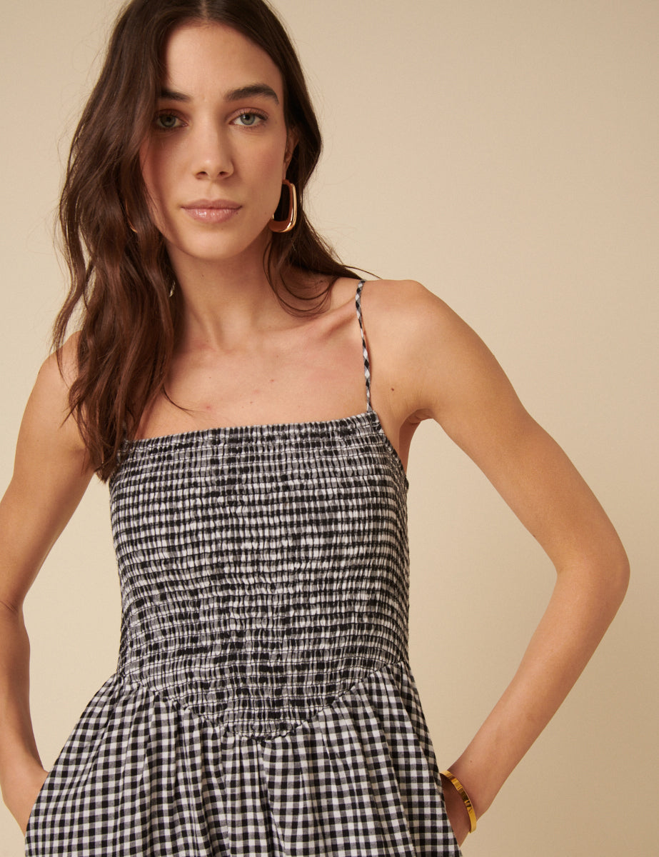 Black Gingham Ruched Imogen Midi Dress