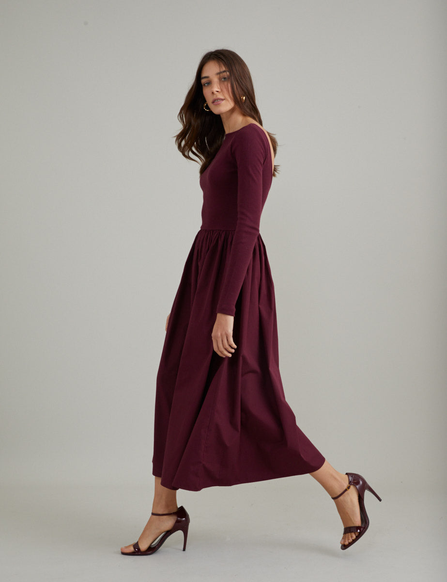 Burgundy Long Sleeve A-Line Penni Midi Dress