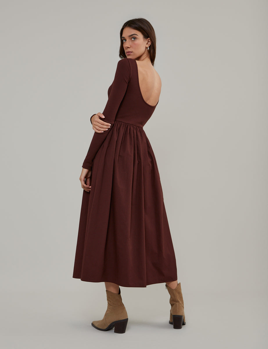 Brown Long Sleeve A-Line Penni Midi Dress