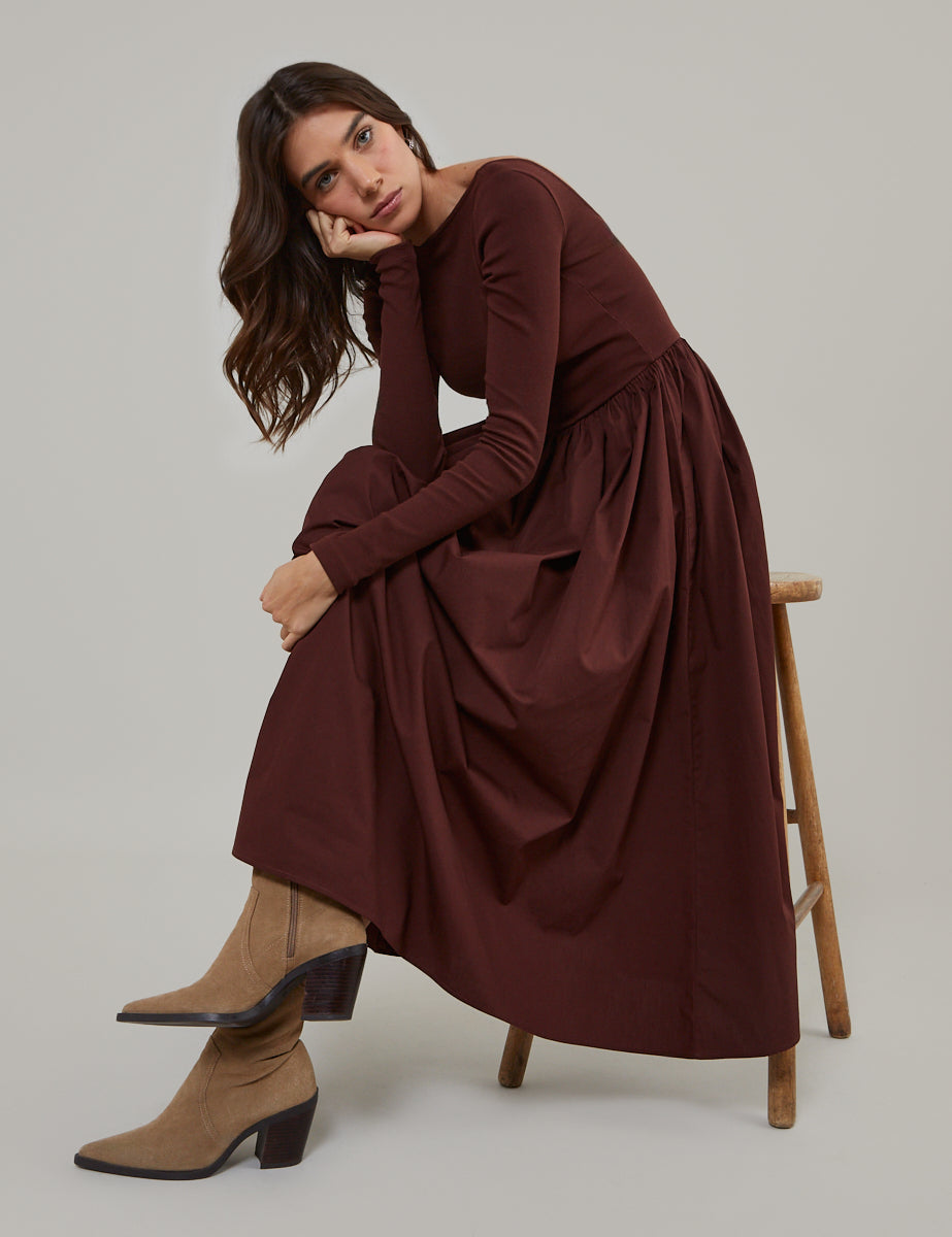 Brown Long Sleeve A-Line Penni Midi Dress