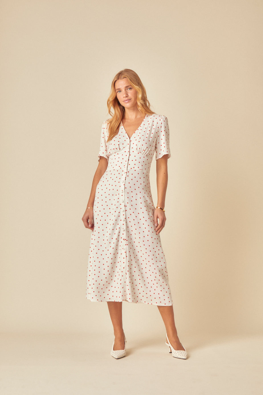 White Polka Dot Alexa Midi Dress
