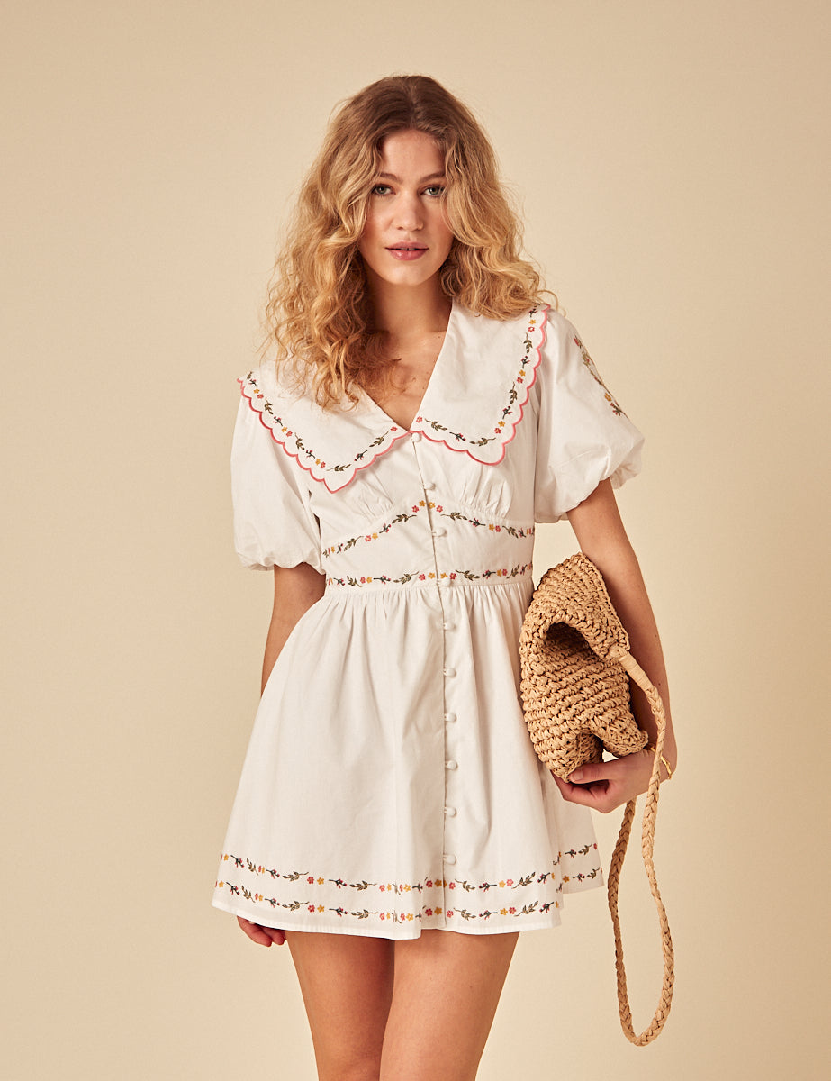 White Floral Embroidered Birdie Mini Dress