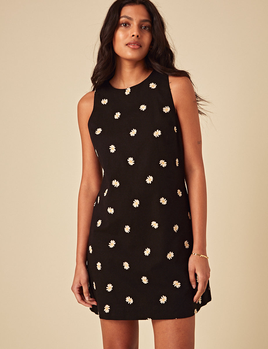 Black Linen-blend Daisy Embroidered Palermo Mini Dress