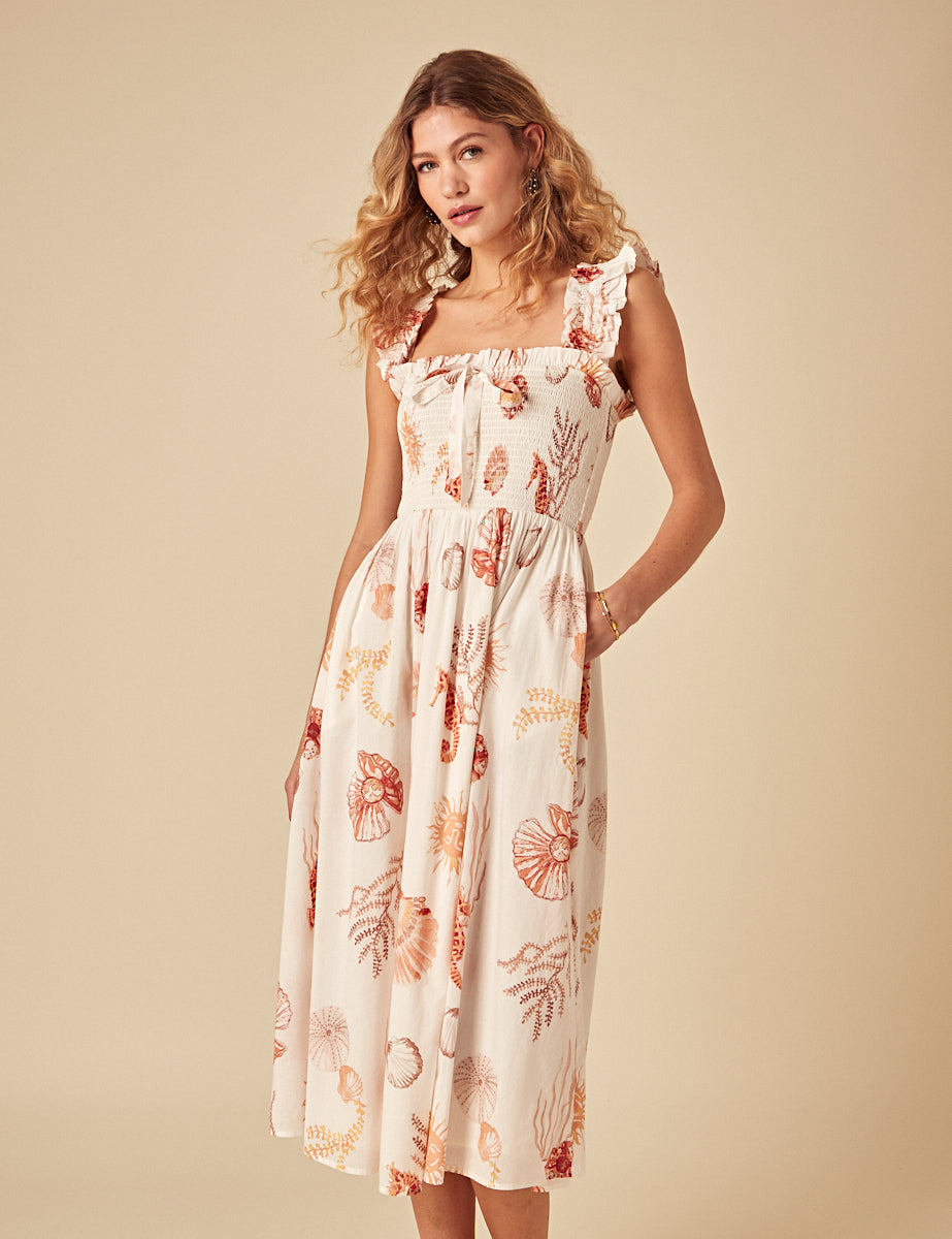 White Ruched Shell Print Christine Midi Dress