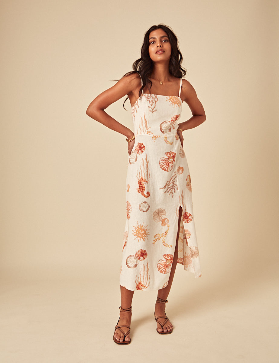 White Linen-blend Shell Print Maddy Midi Dress