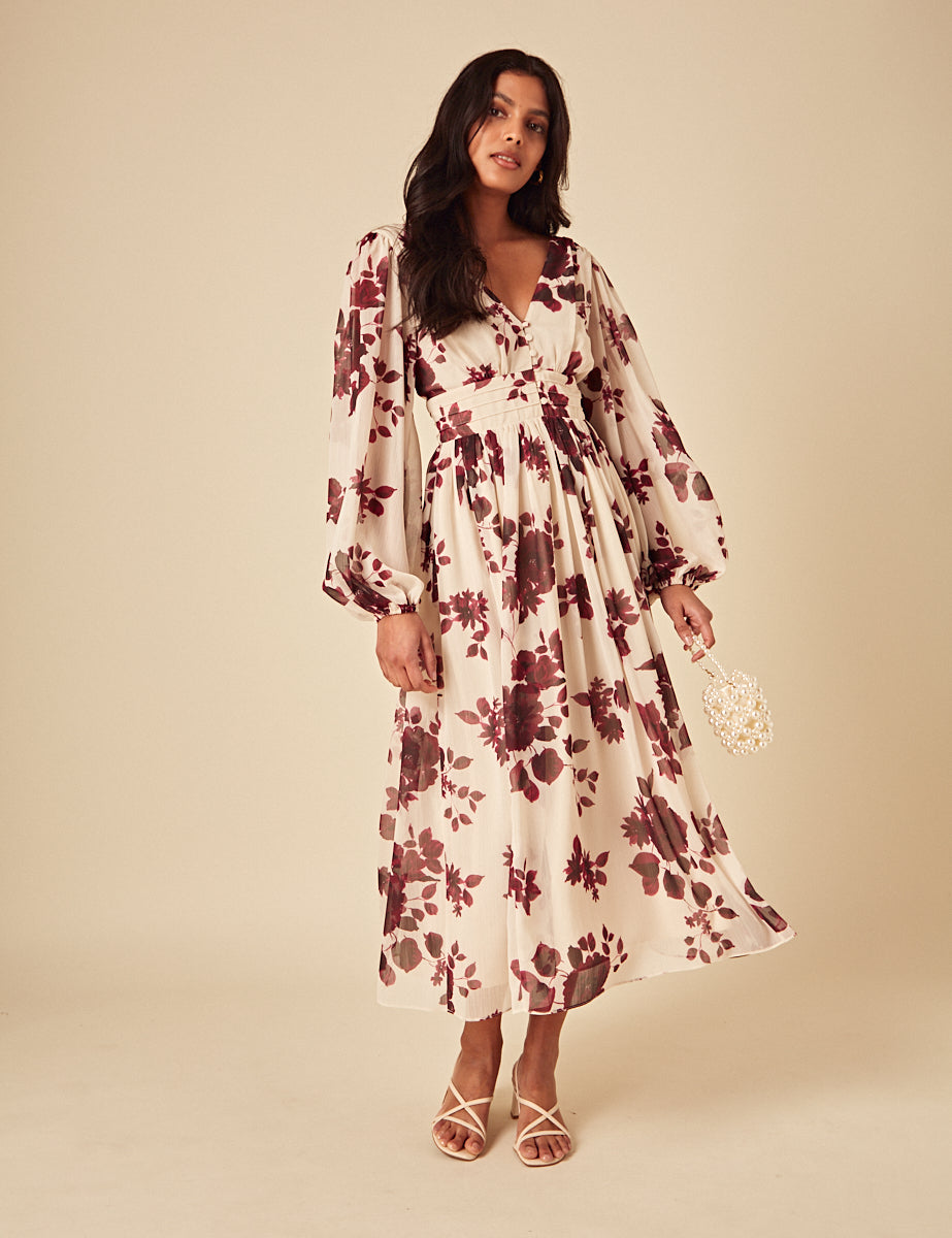 Cream Floral Anya Midi Dress