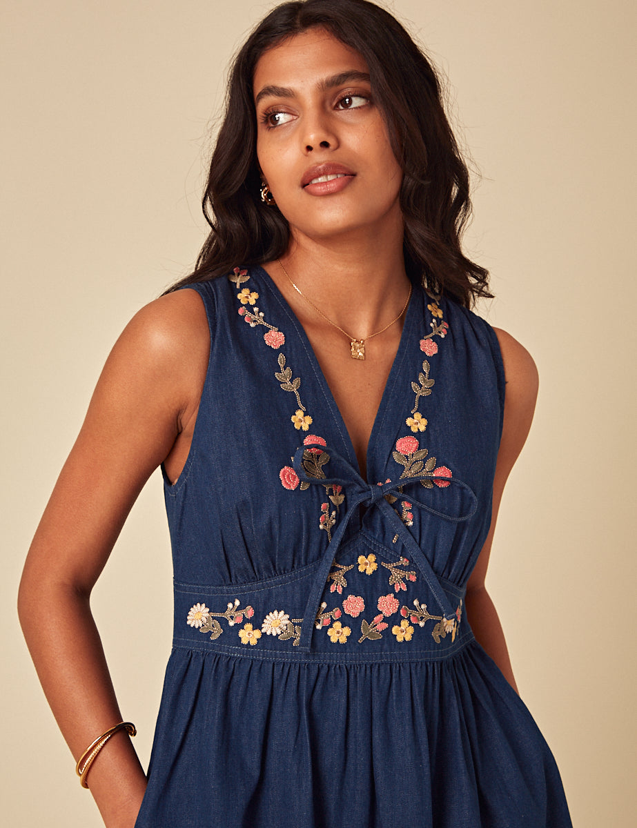 Blue Denim Floral Embroidered Astra Midi Dress