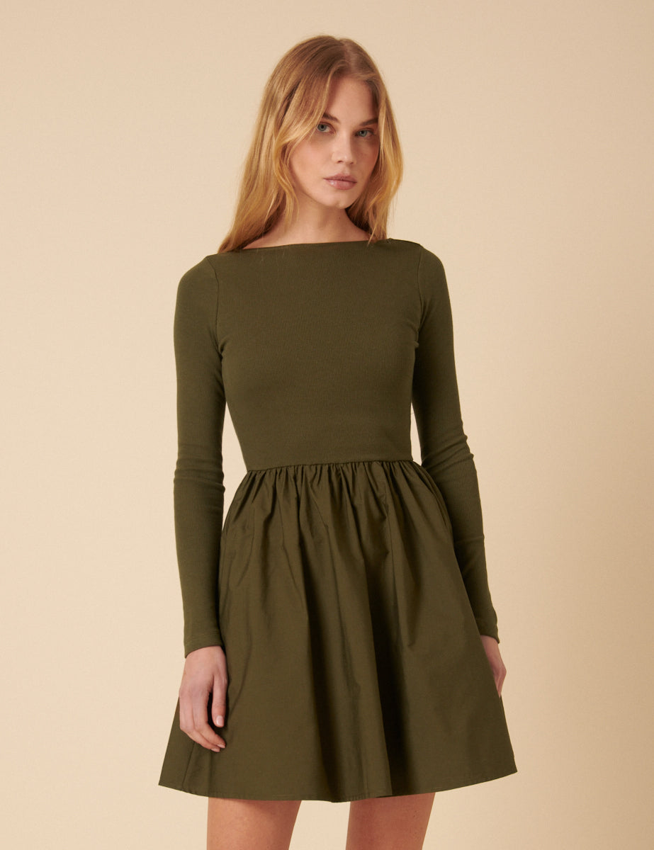 Khaki Long Sleeve A-Line Penni Mini Dress