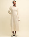 Cream Long Sleeve A-Line Scoop Back Knitted Midi Dress