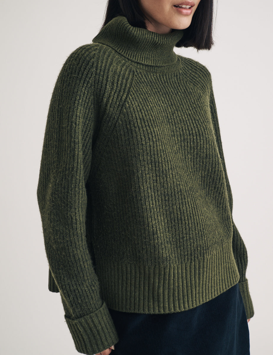 Khaki Ribbed Chunky Knitted Roll Neck Jumper