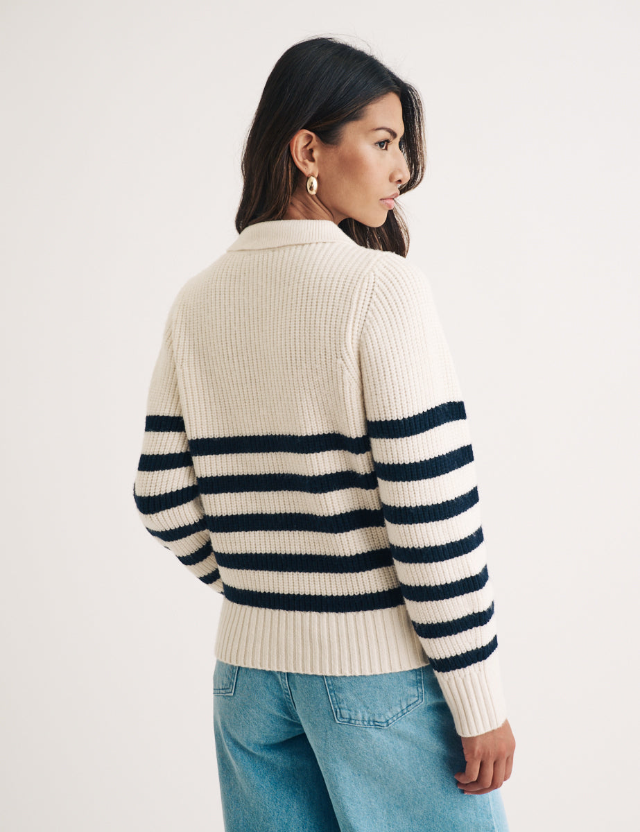 Cream Open Collar Chunky Striped Jumper