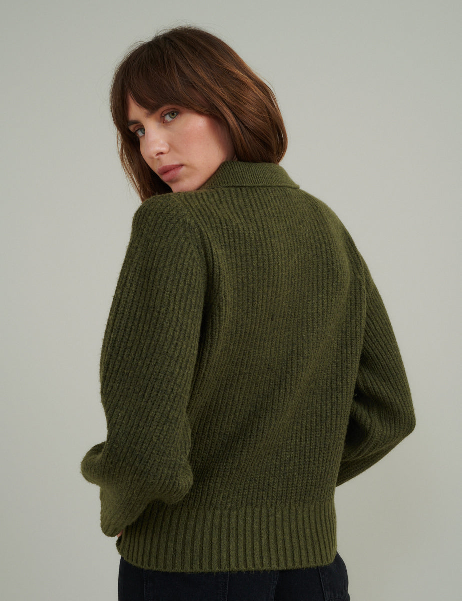 Green Open Collar Knitted Jumper