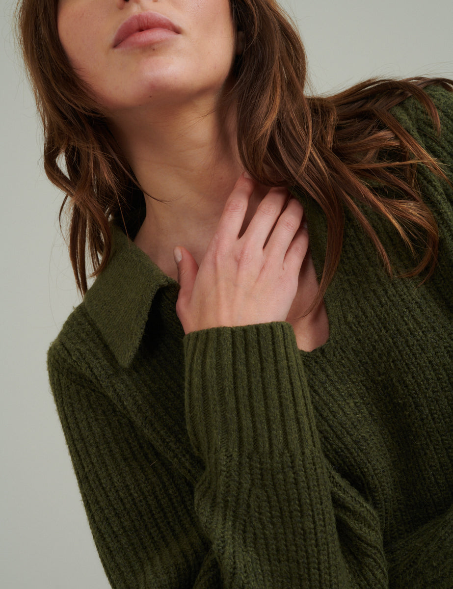 Green Open Collar Knitted Jumper