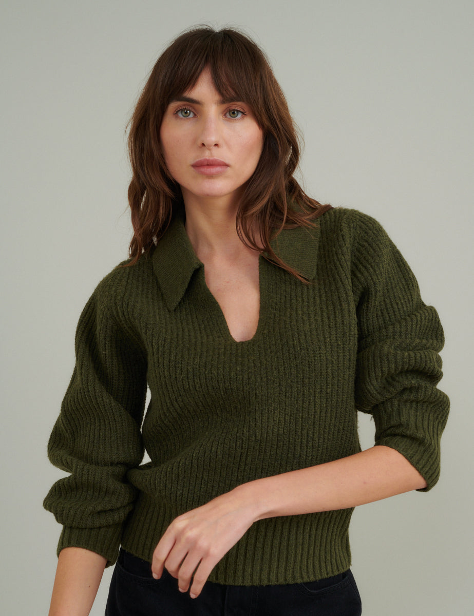 Green Open Collar Knitted Jumper