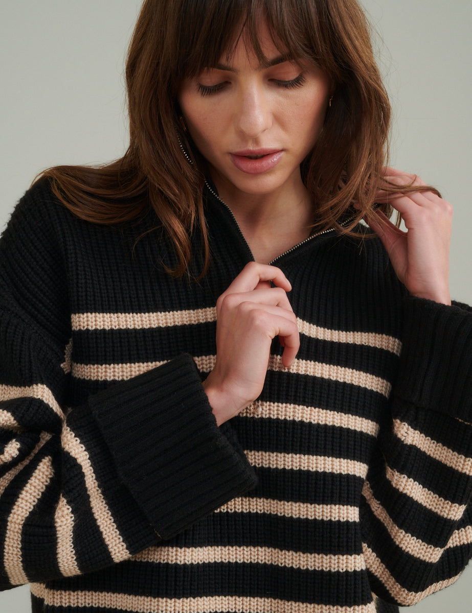 Black Oversized Half Zip Knitted Jumper