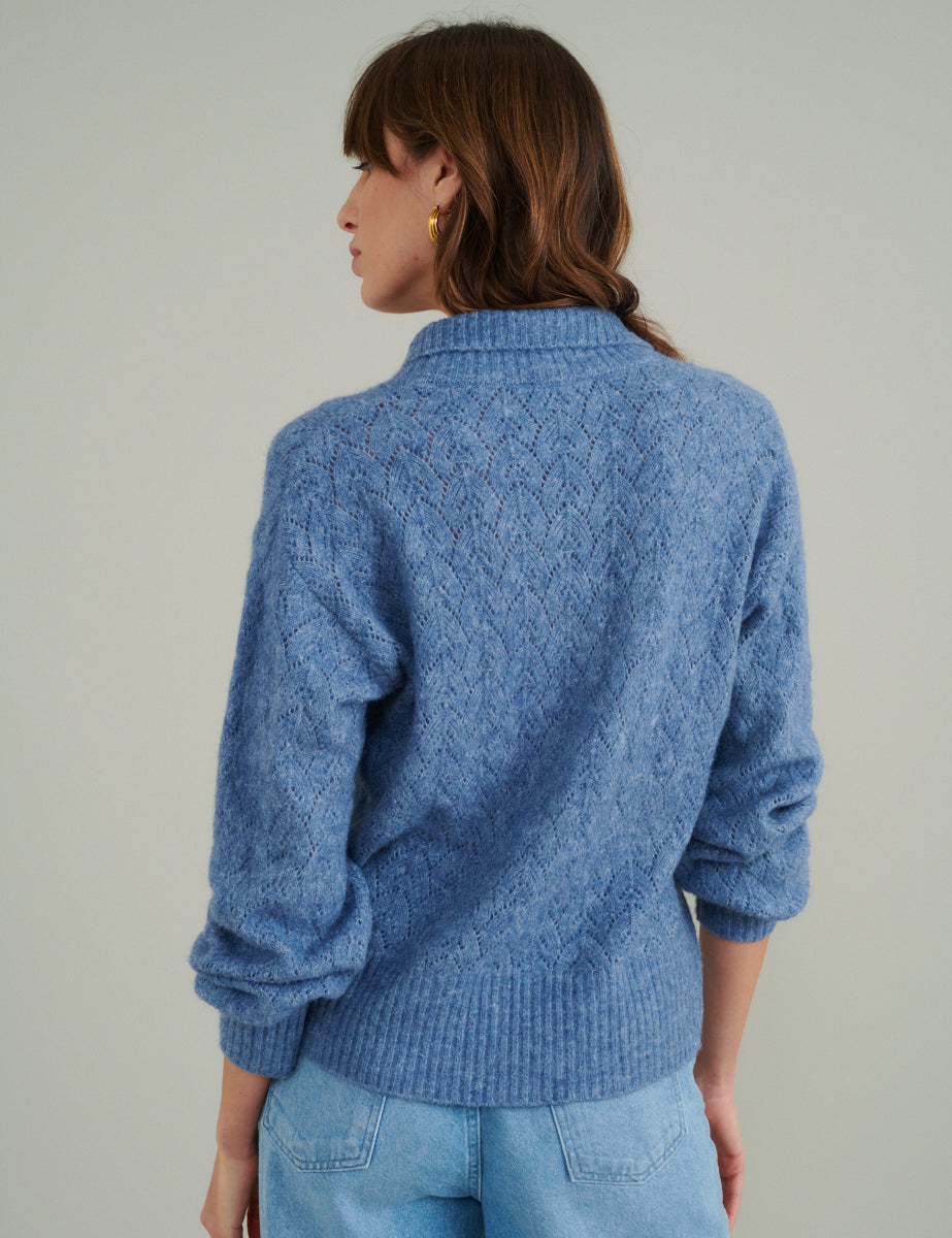 Blue Collar Pointelle Wool Blend Knitted Cardigan