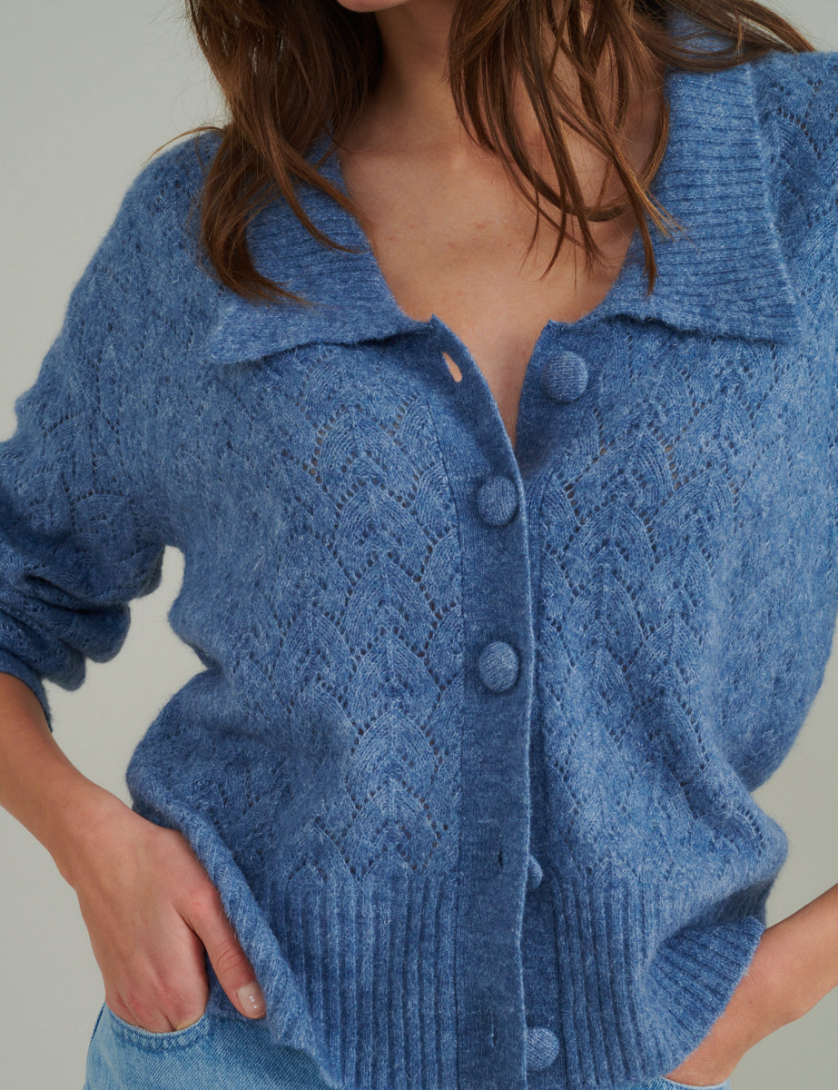 Blue Collar Pointelle Wool Blend Knitted Cardigan