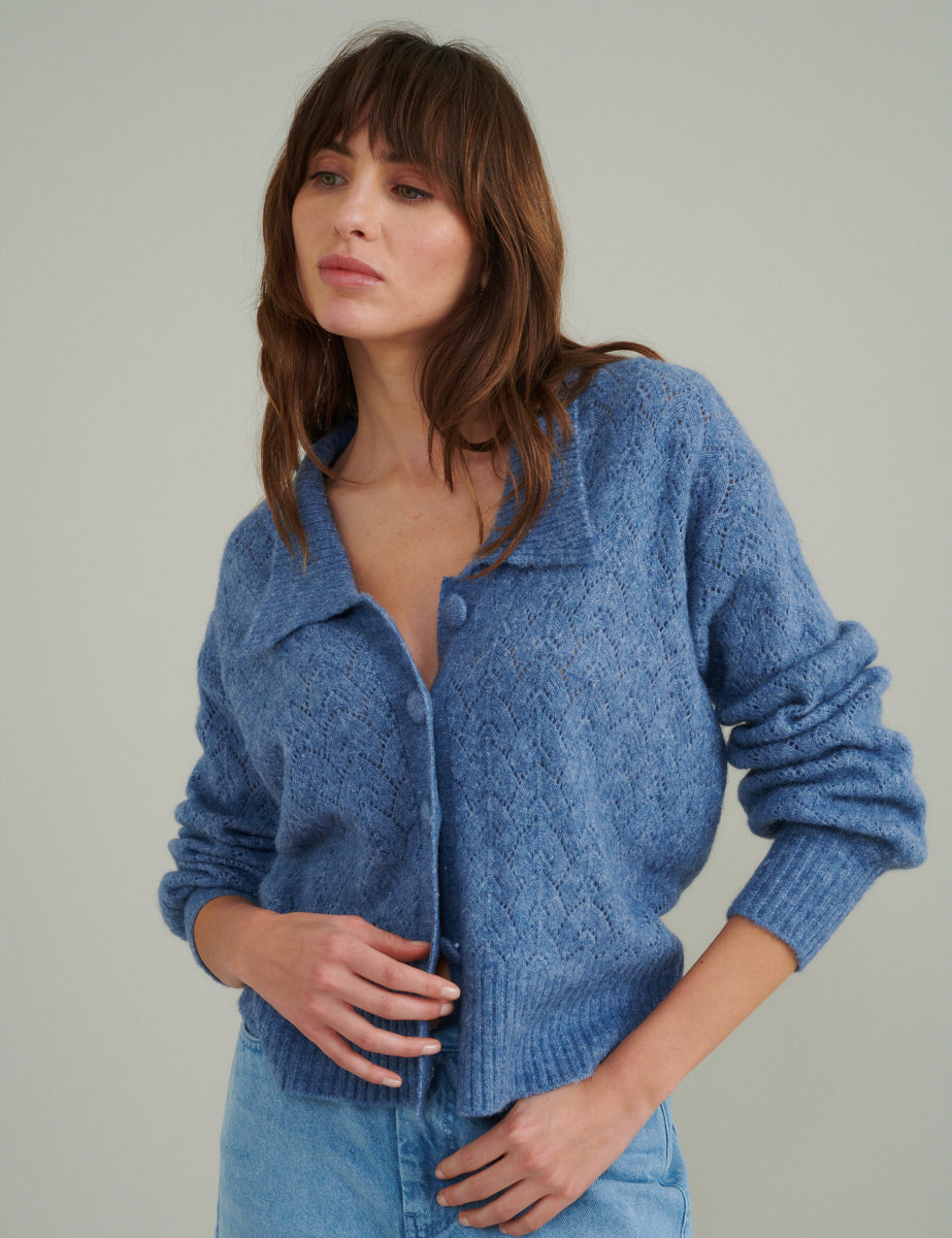 Blue Collar Pointelle Wool Blend Knitted Cardigan