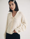 Cream Collar Pointelle Wool Blend Knitted Cardigan