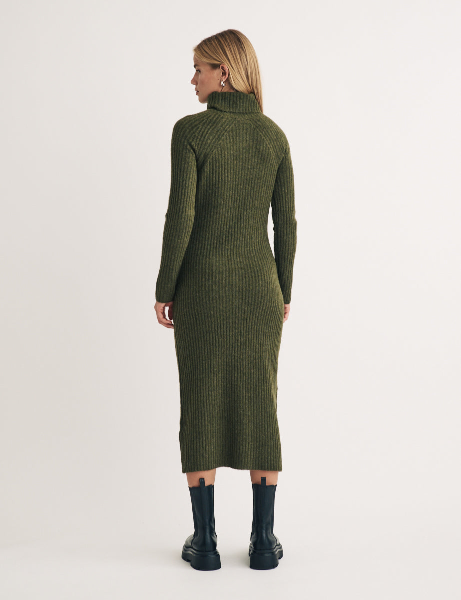 Khaki Knitted Roll Neck Wool Blend Midi Jumper Dress