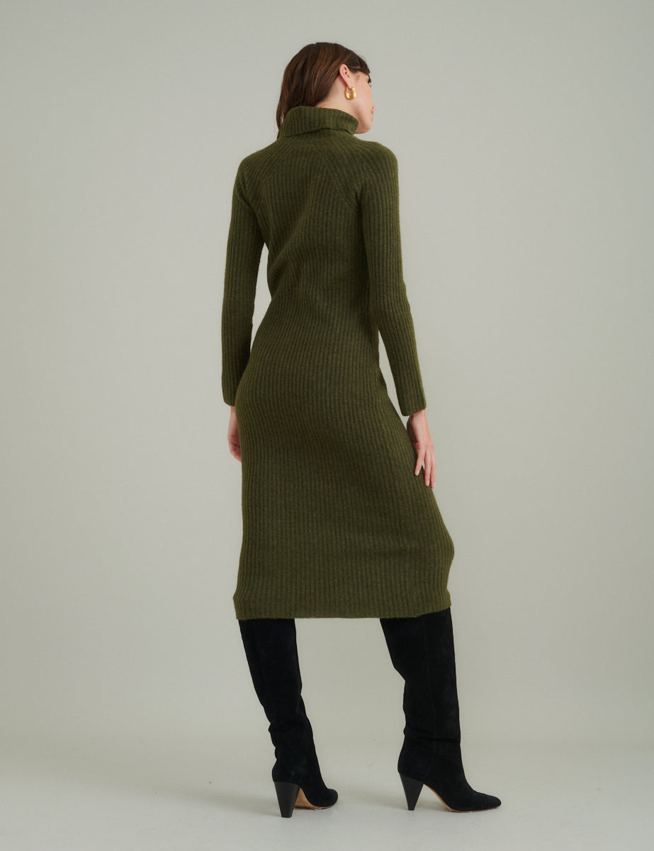 Khaki Knitted Roll Neck Wool Blend Midi Jumper Dress