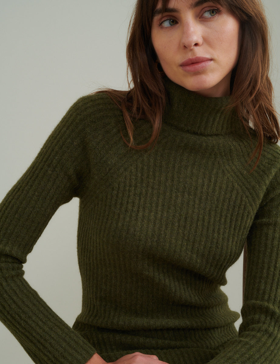 Khaki Knitted Roll Neck Wool Blend Midi Jumper Dress