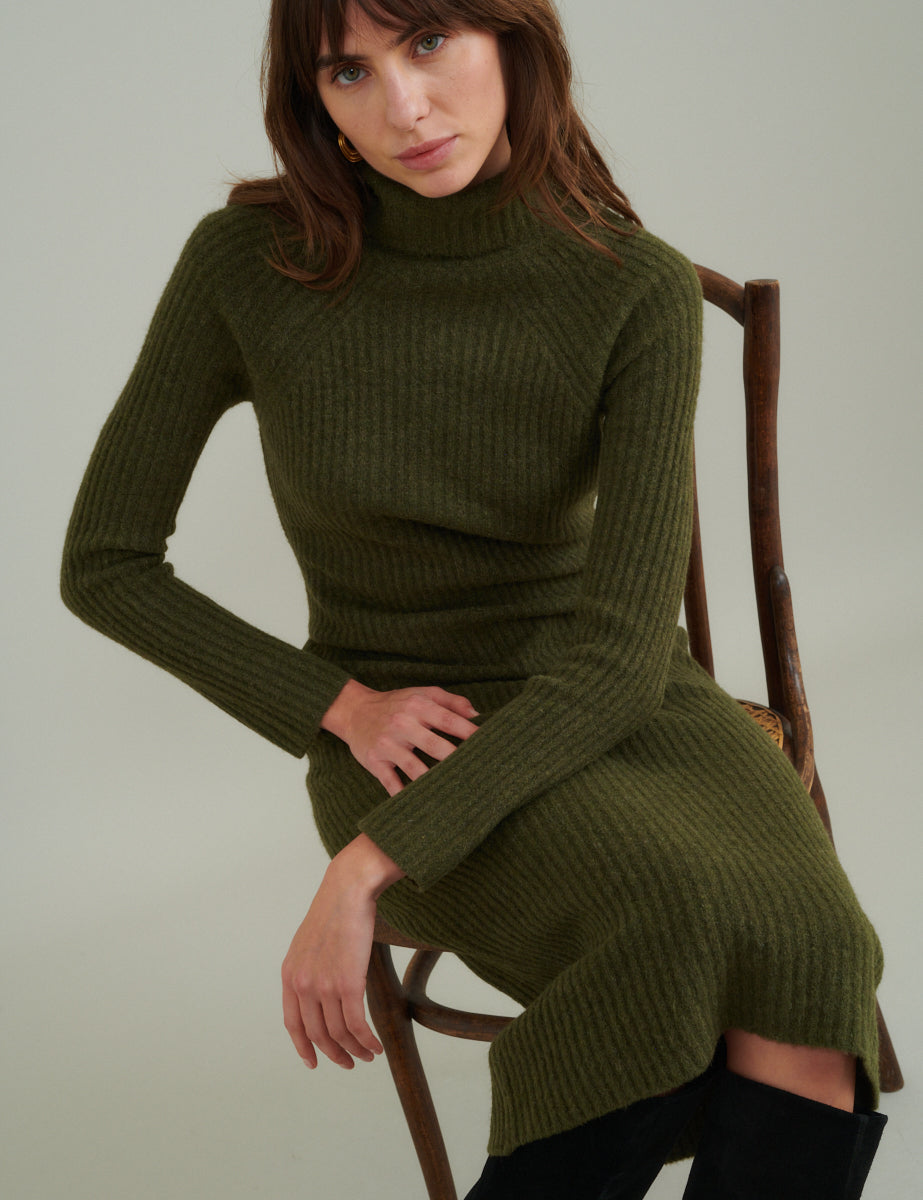 Khaki Knitted Roll Neck Wool Blend Midi Jumper Dress