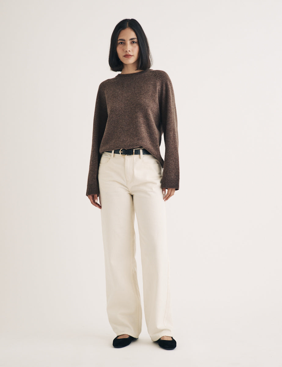 Brown Crew Neck Wool Knitted Jumper