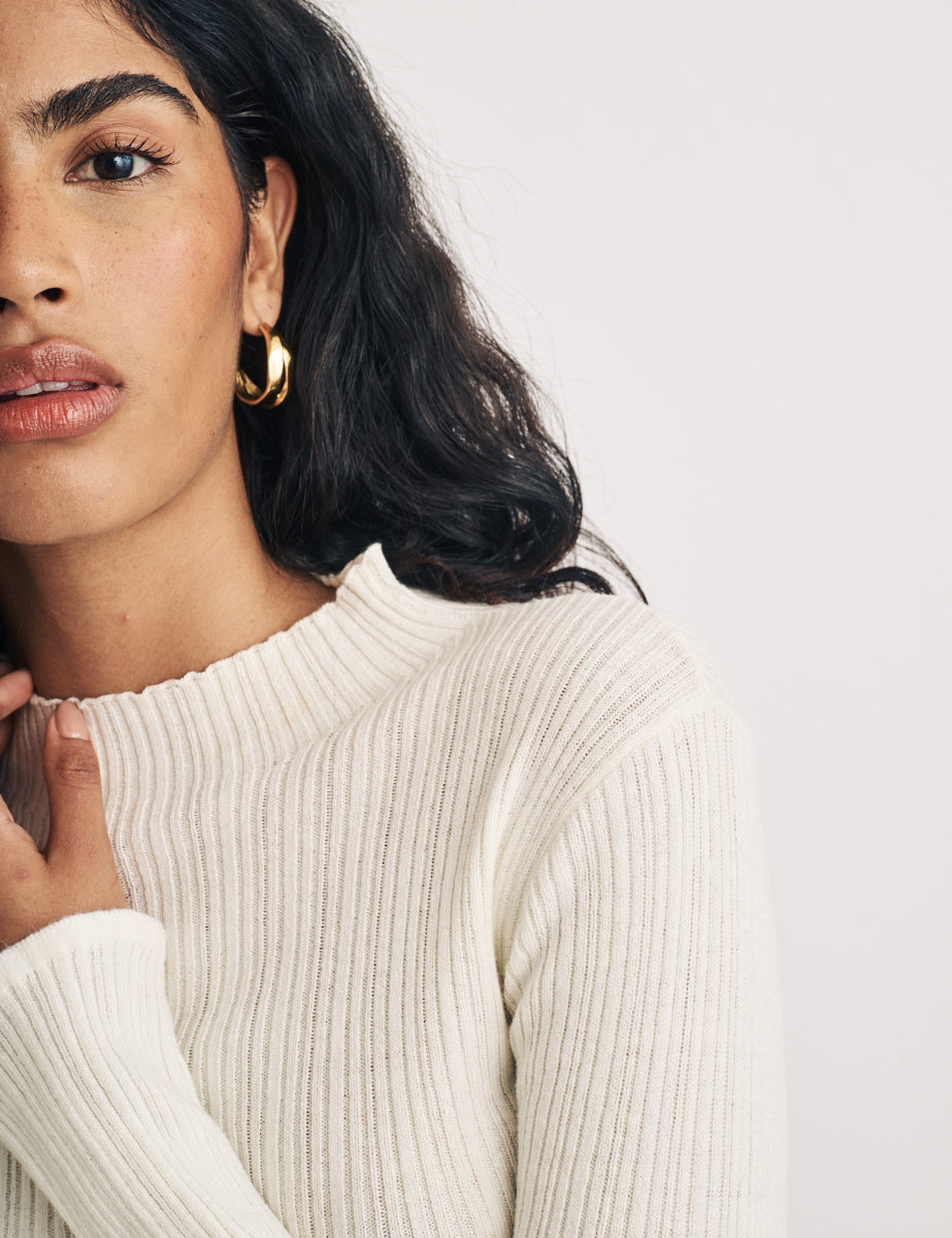 Cream Funnel Neck Wool Blend Ribbed Top