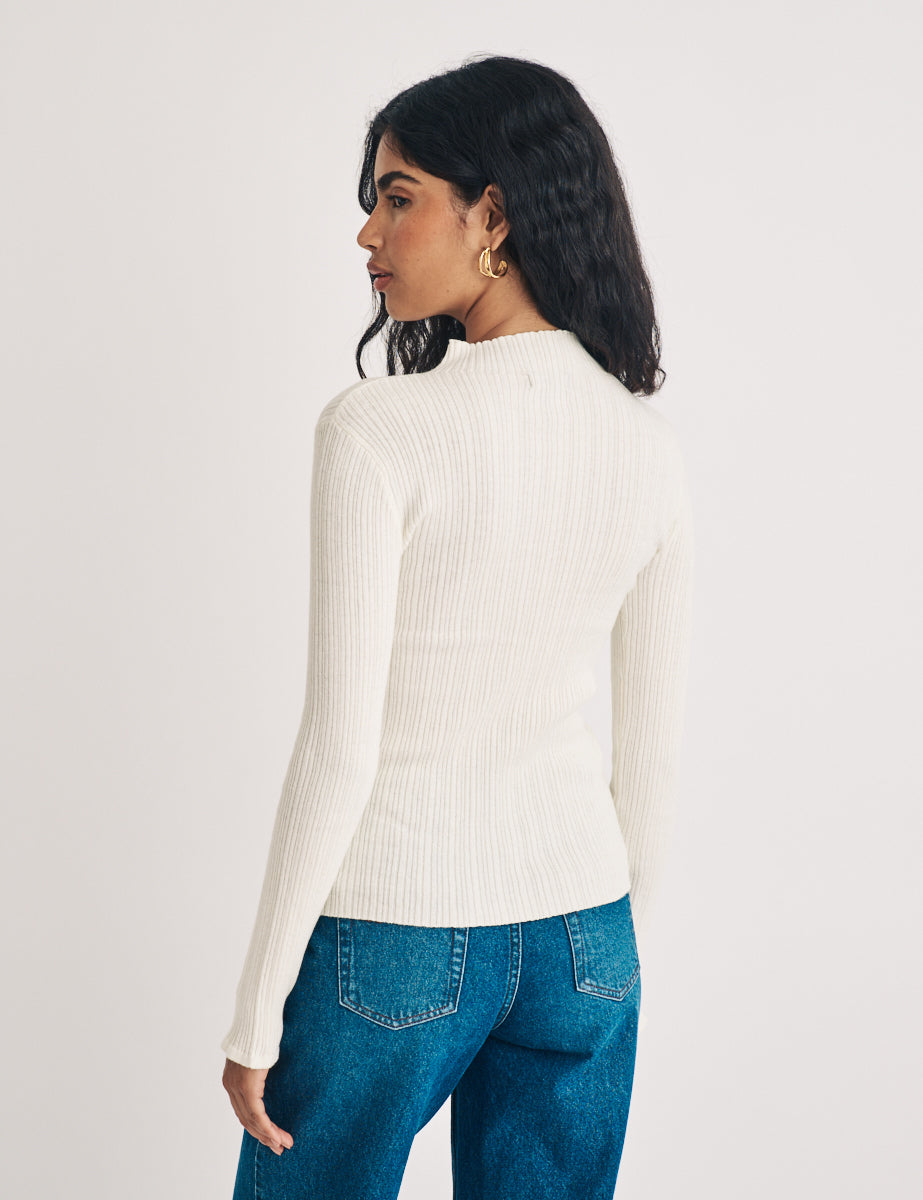 Cream Funnel Neck Wool Blend Ribbed Top