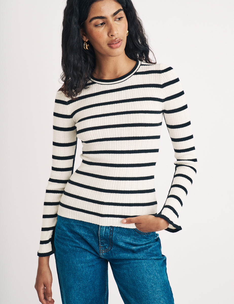 Black And White Wool Blend Stripe Ribbed Top