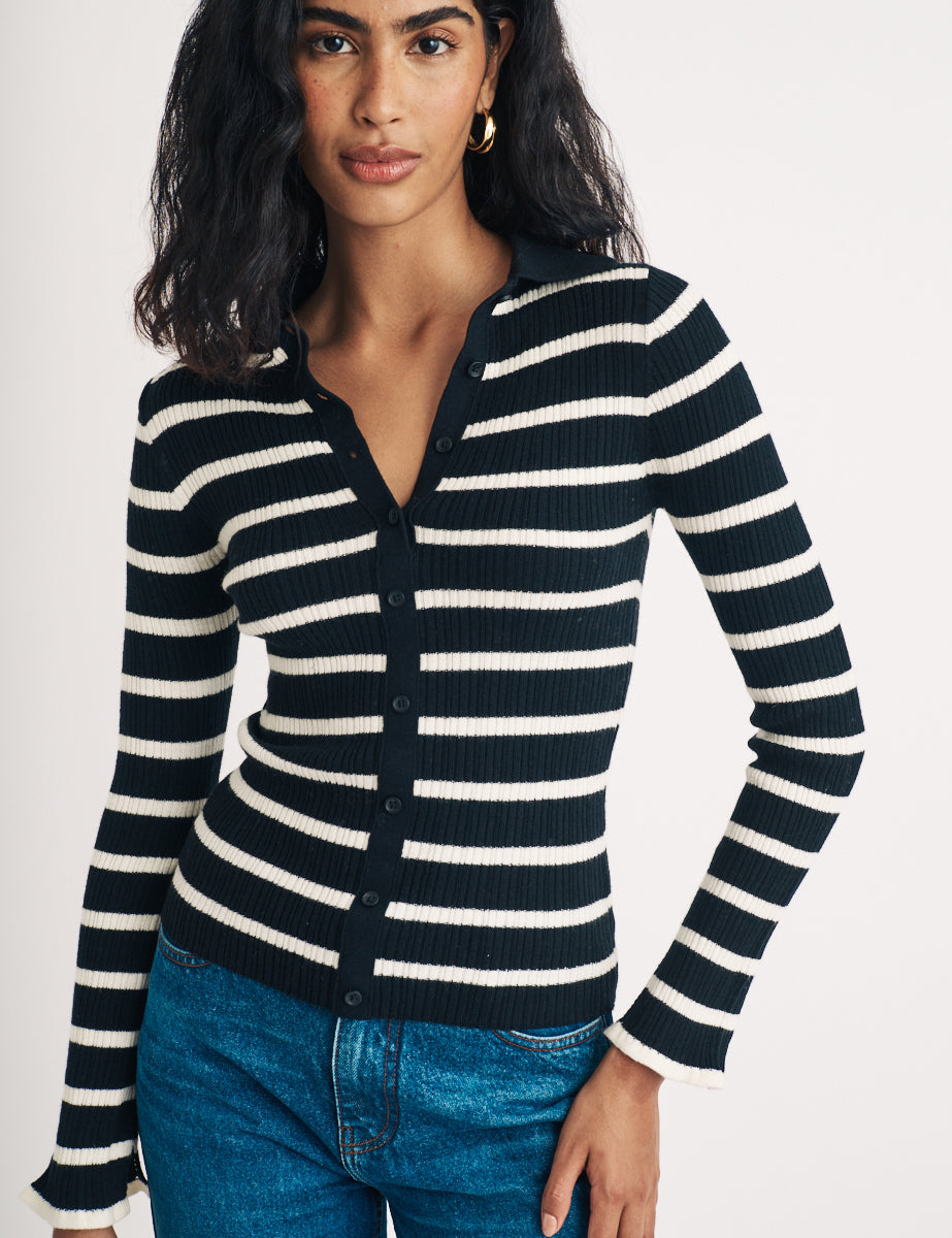 Black And White Stripe Wool Blend Ribbed Cardigan