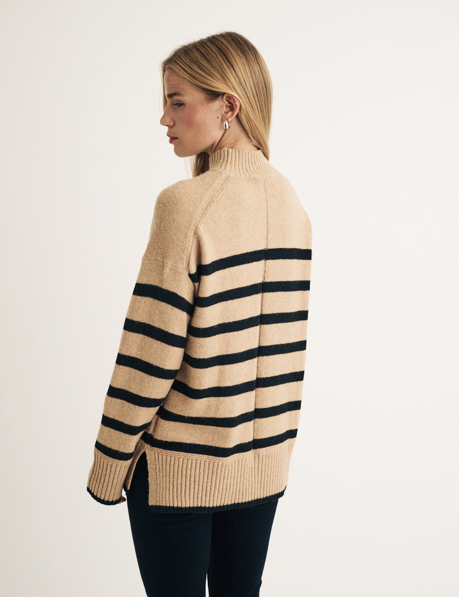 Beige Striped Funnel Neck Longline Knitted Jumper