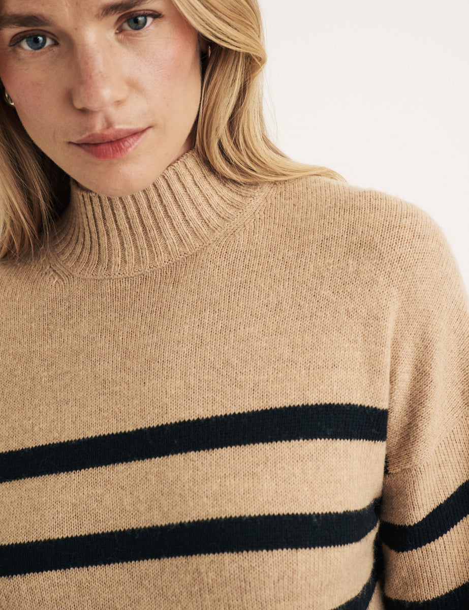 Beige Striped Funnel Neck Longline Knitted Jumper