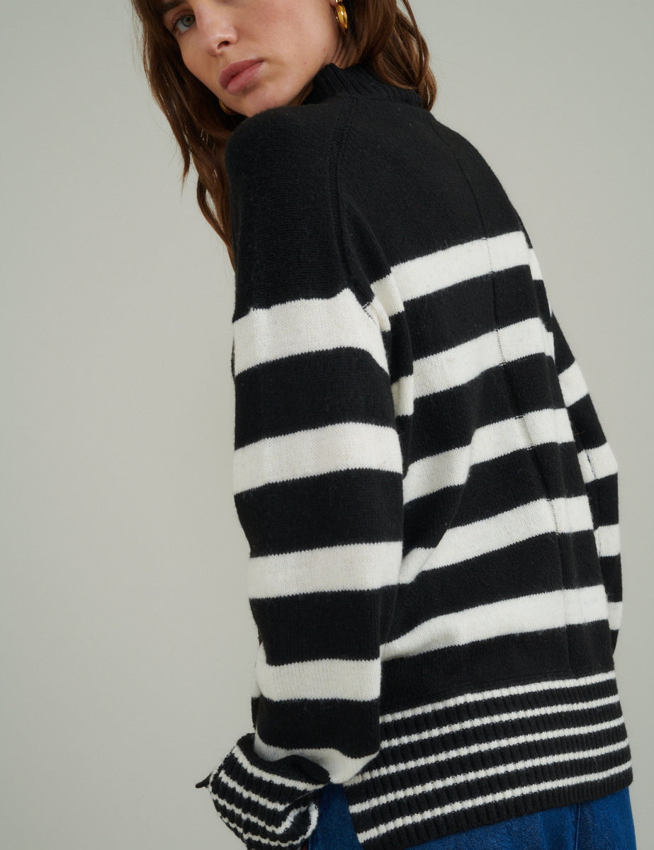 Black Stripe Funnel Neck Longline Knitted Jumper