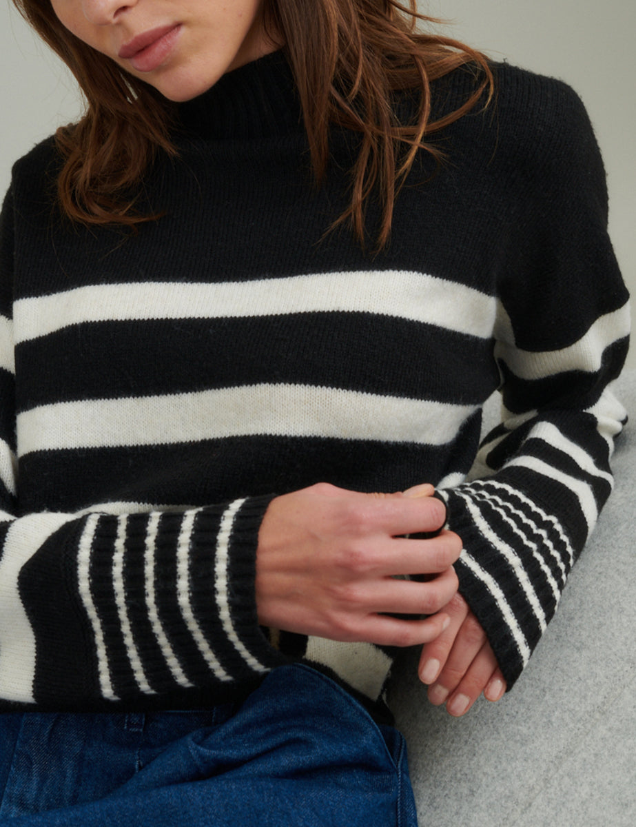 Black Stripe Funnel Neck Longline Knitted Jumper