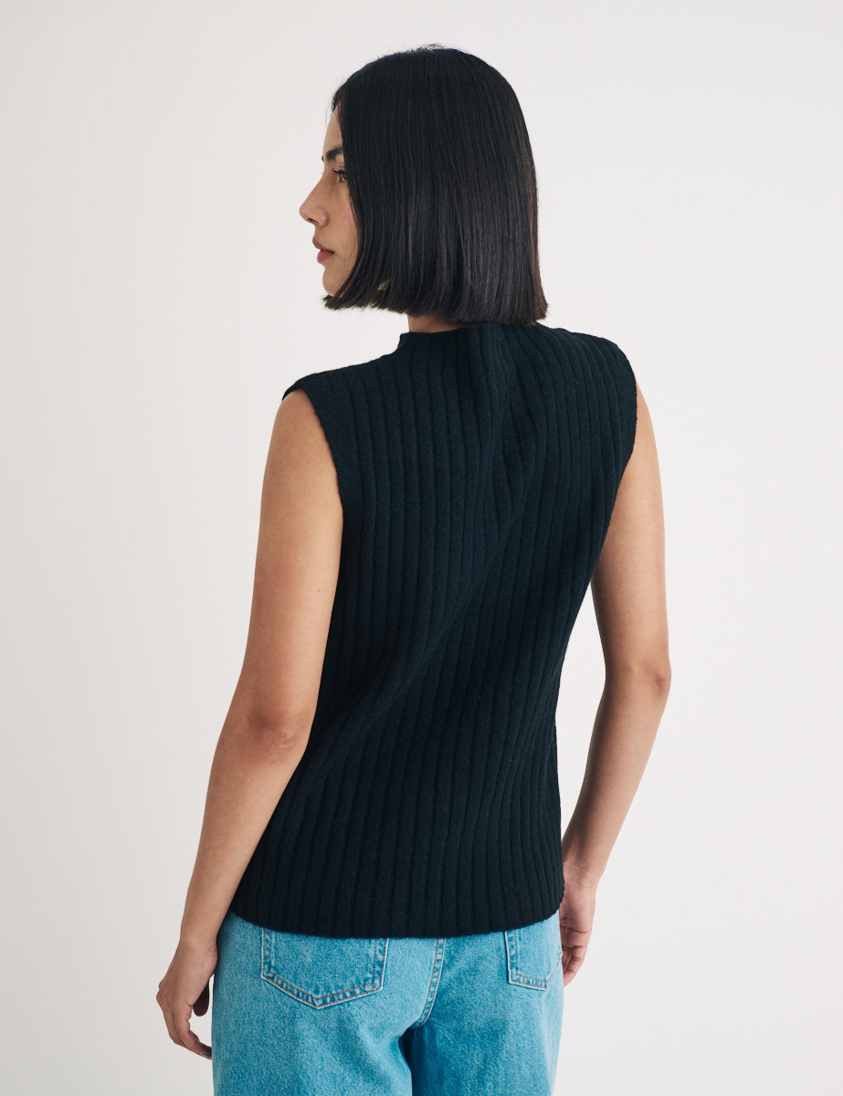 Black Funnel Neck Rib Wool Blend Knitted Vest