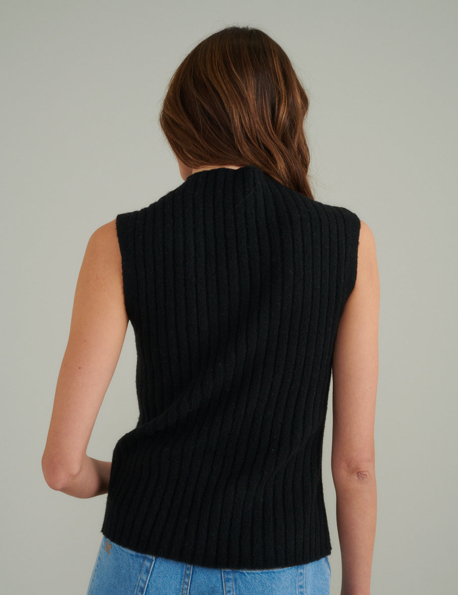 Black Funnel Neck Rib Wool Blend Knitted Vest