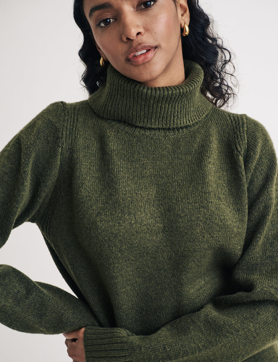 Green Knitted Roll Neck Mini Jumper Dress