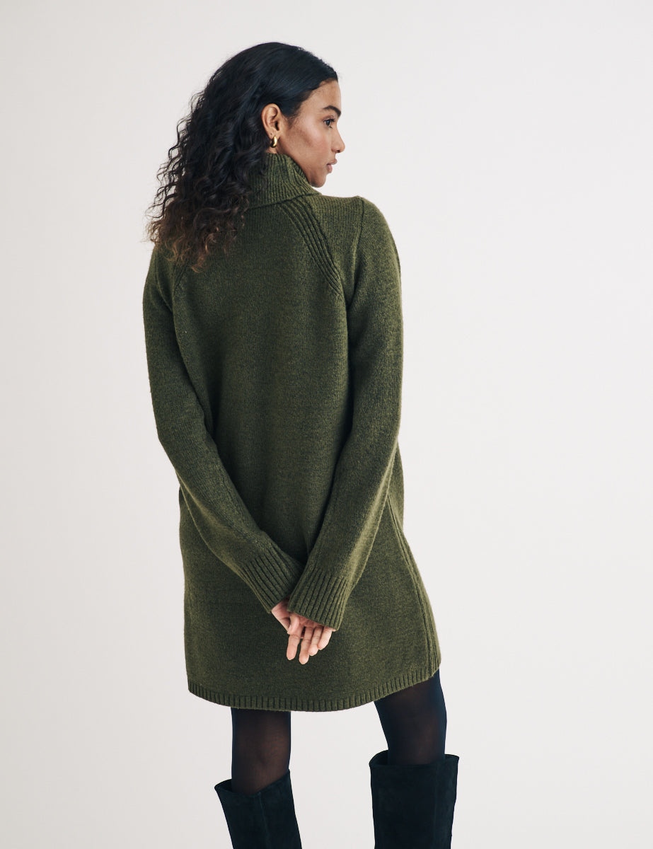 Green Knitted Roll Neck Mini Jumper Dress