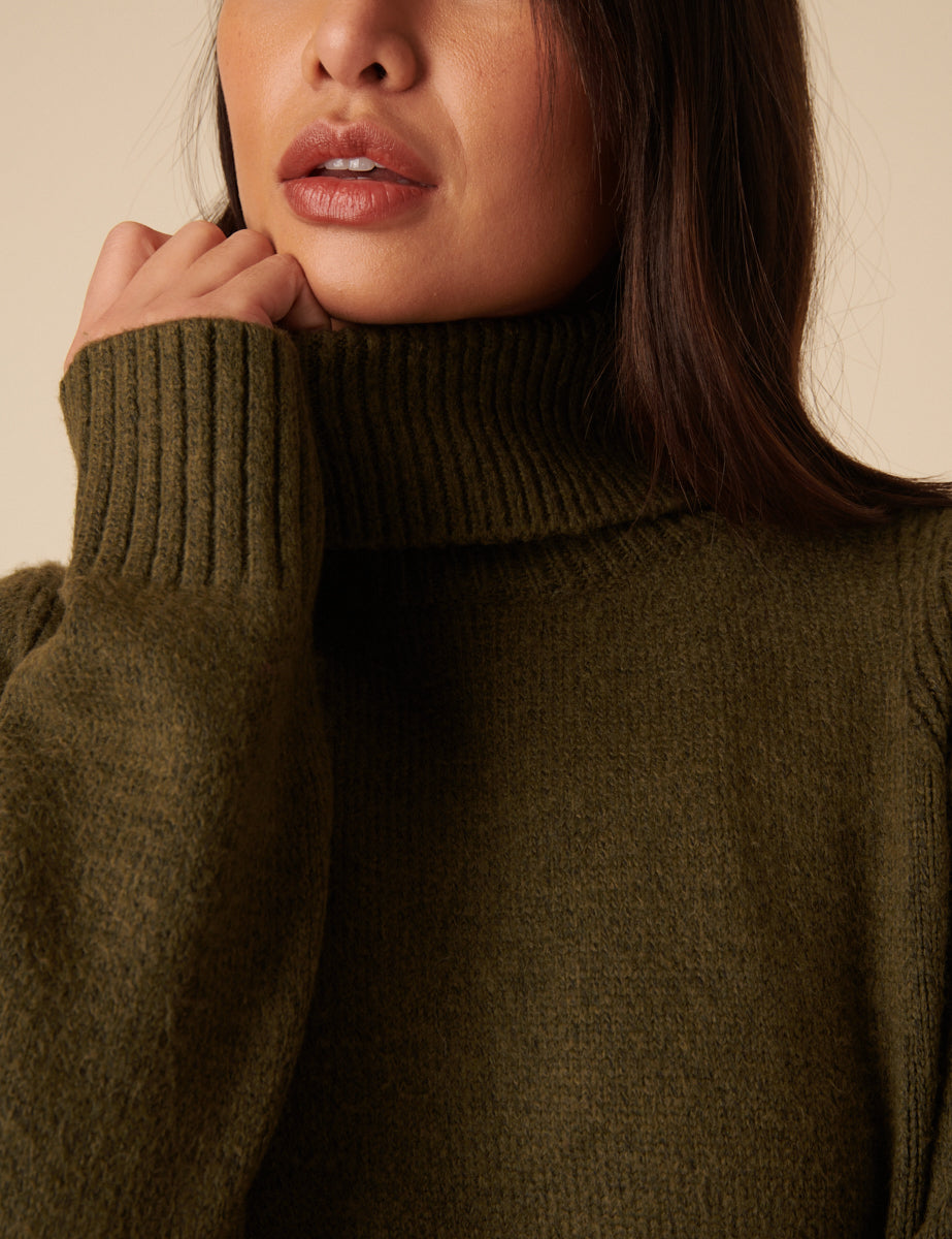 Green Knitted Roll Neck Mini Jumper Dress