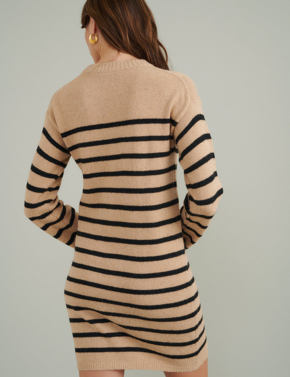 Beige Striped Knitted Mini Jumper Dress