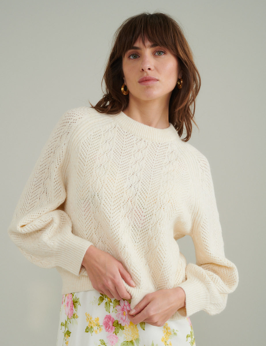 Cream Pointelle Wool Blend Knitted Jumper