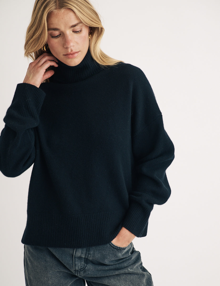 Black Roll Neck Wool Knitted Jumper