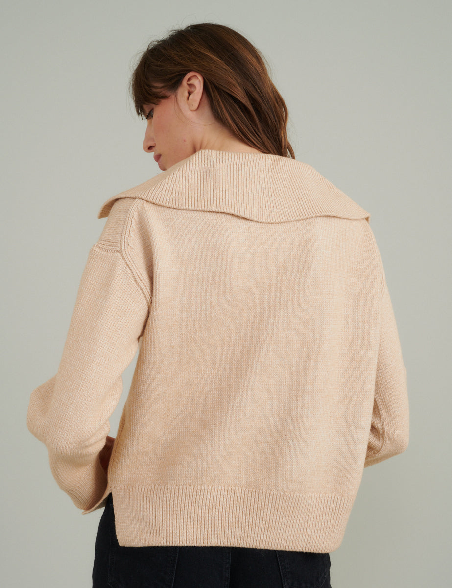 Beige V-neck Collared Knitted Jumper