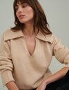 Beige V-neck Collared Knitted Jumper