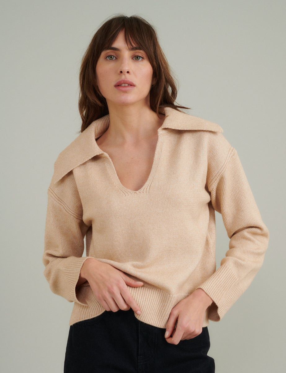 Beige V-neck Collared Knitted Jumper