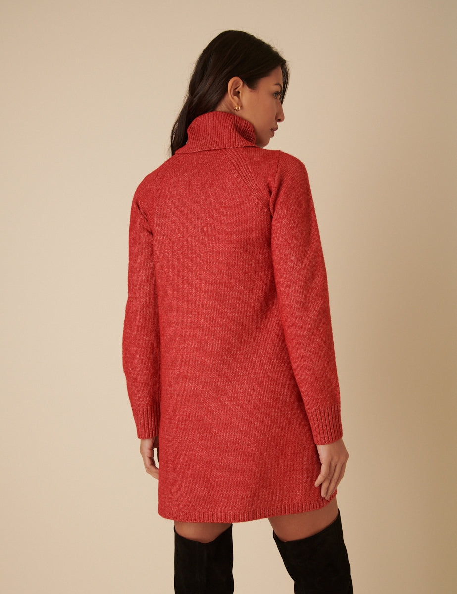 Red Knitted Roll Neck Mini Jumper Dress