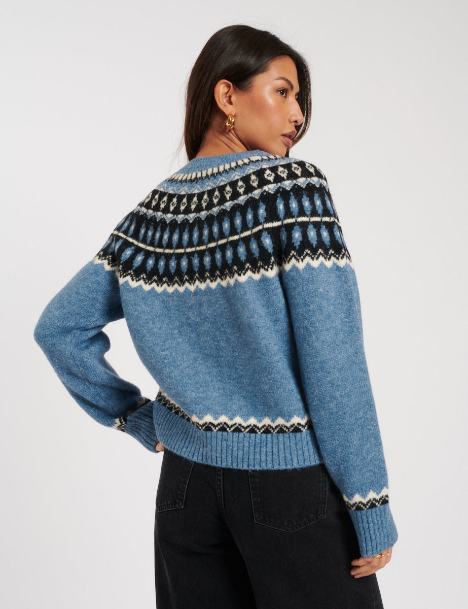 Blue Fair Isle Wool Blend Knitted Cardigan