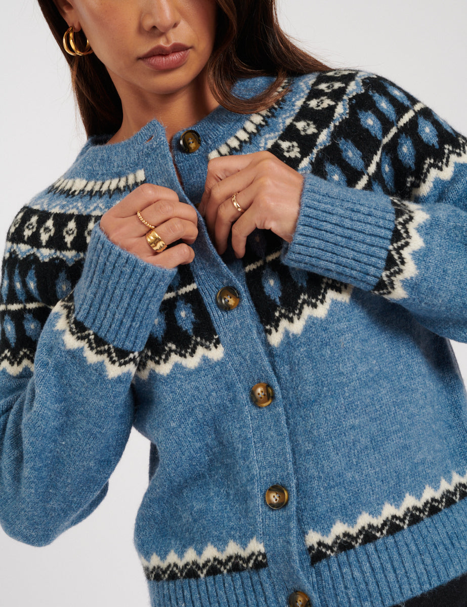 Blue Fair Isle Wool Blend Knitted Cardigan